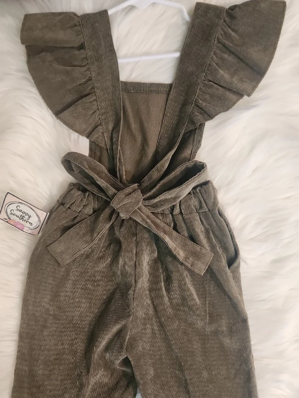 Corduroy Ruffle Strap Jumpsuit -  Olive Green - Girls Size: 5-6